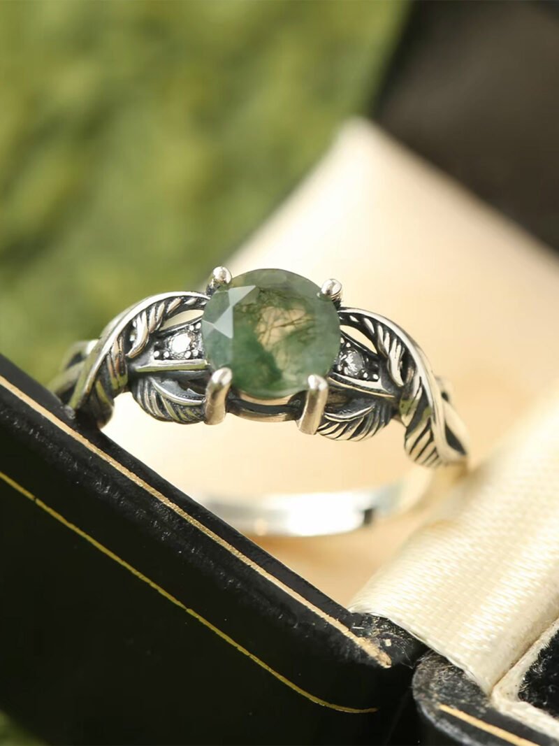Vintage Green Moss Agate Round Sterling Silver Ring