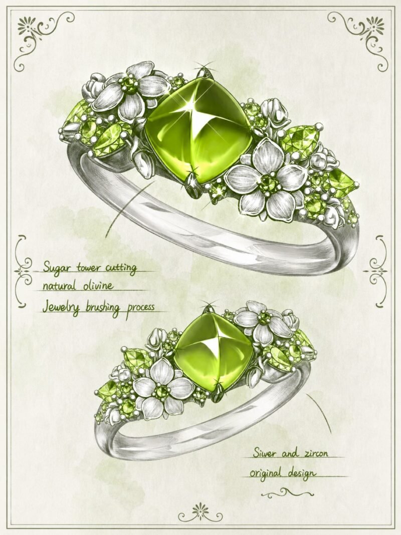 Jasmine Peridot Silver Ring, Floral Collection Natural Gemstone