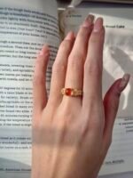 Cherry Blossom Pink Natural Red Agate Silver Ring, Floral Series 3