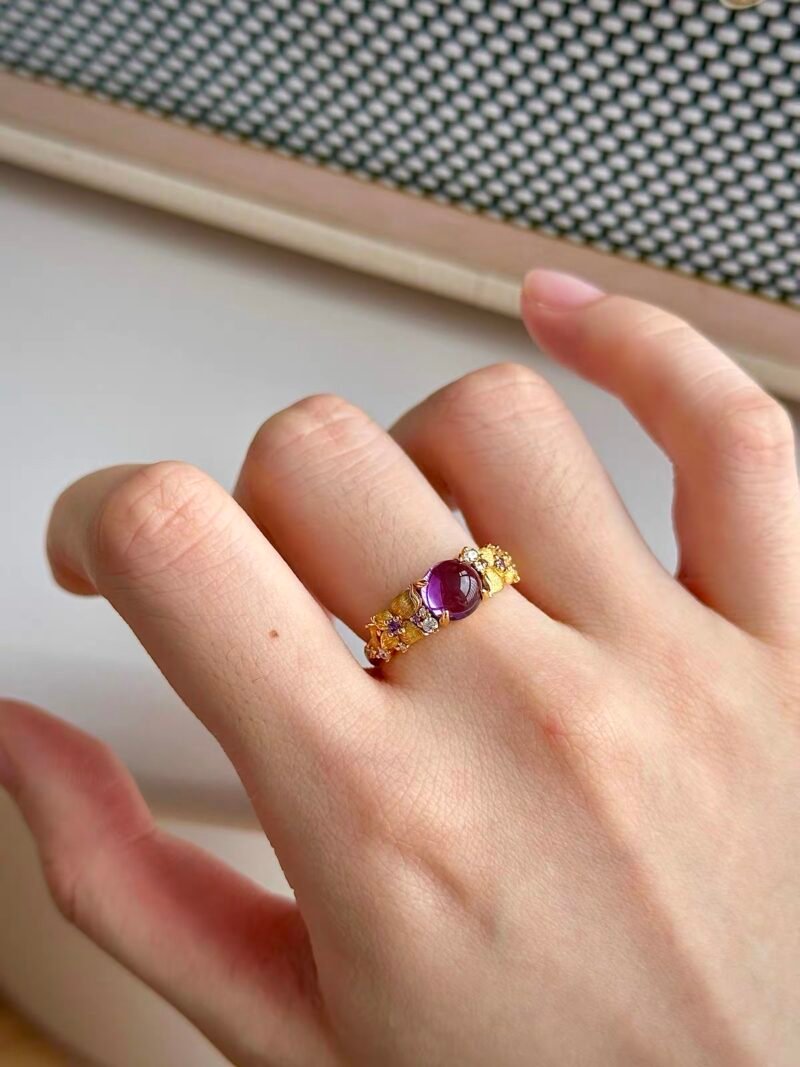 Violet Natural Amethyst Silver Ring, Floral Series