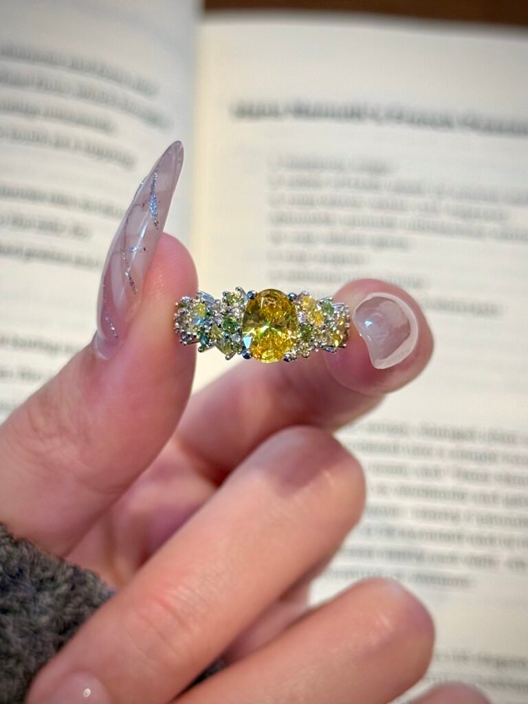 Golden Lemon Yellow-Green Crystal Silver Ring Floral Series